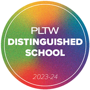 Multicolor round badge: PLTW Distinguished School 2023-2024