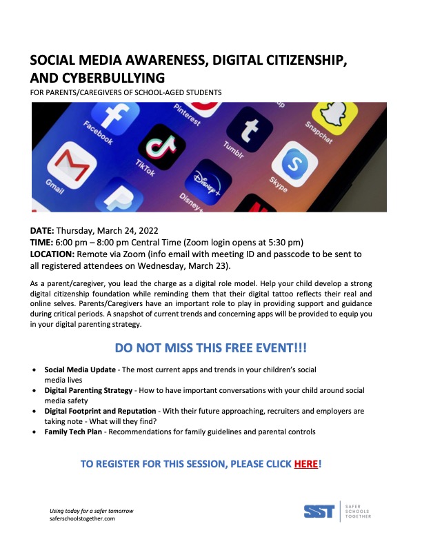Social Media Awareness, Digital Citizenship & Cyberbullying Event flyer