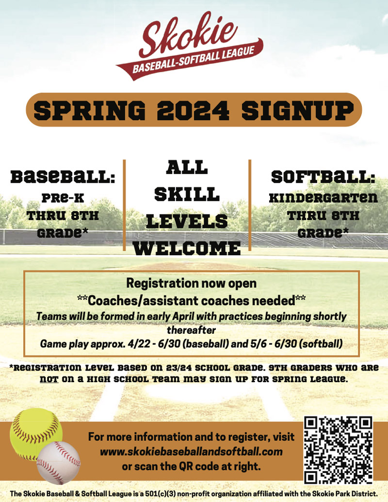 Skokie Baseball & Softball Spring Signup flyer