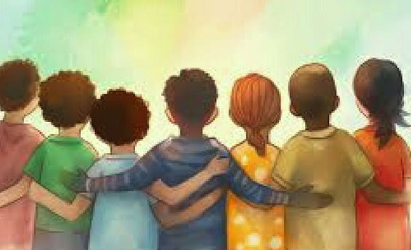 Pastel drawing of 7 children standing with their backs to the front and their arms around each other
