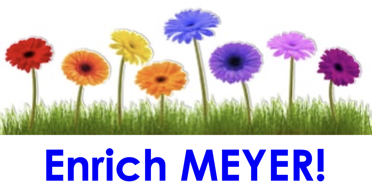 ENRICH MEYER with a field of multicolor flowers above