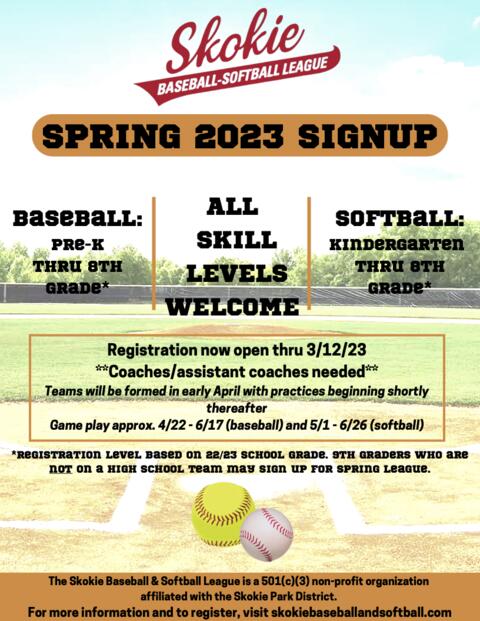 Spring 2023 Baseball Softball sign up information